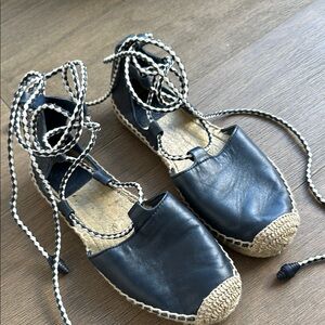 Navy Leather Lace-Up Espadrilles